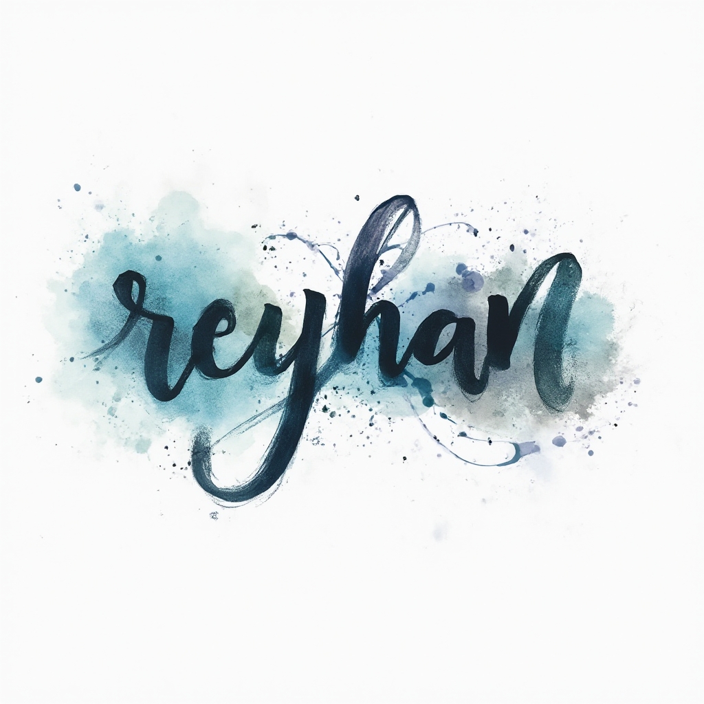 Watercolor-style tattoo design of the name reyhan in flowing painted lettering with colorful splashes on a white background