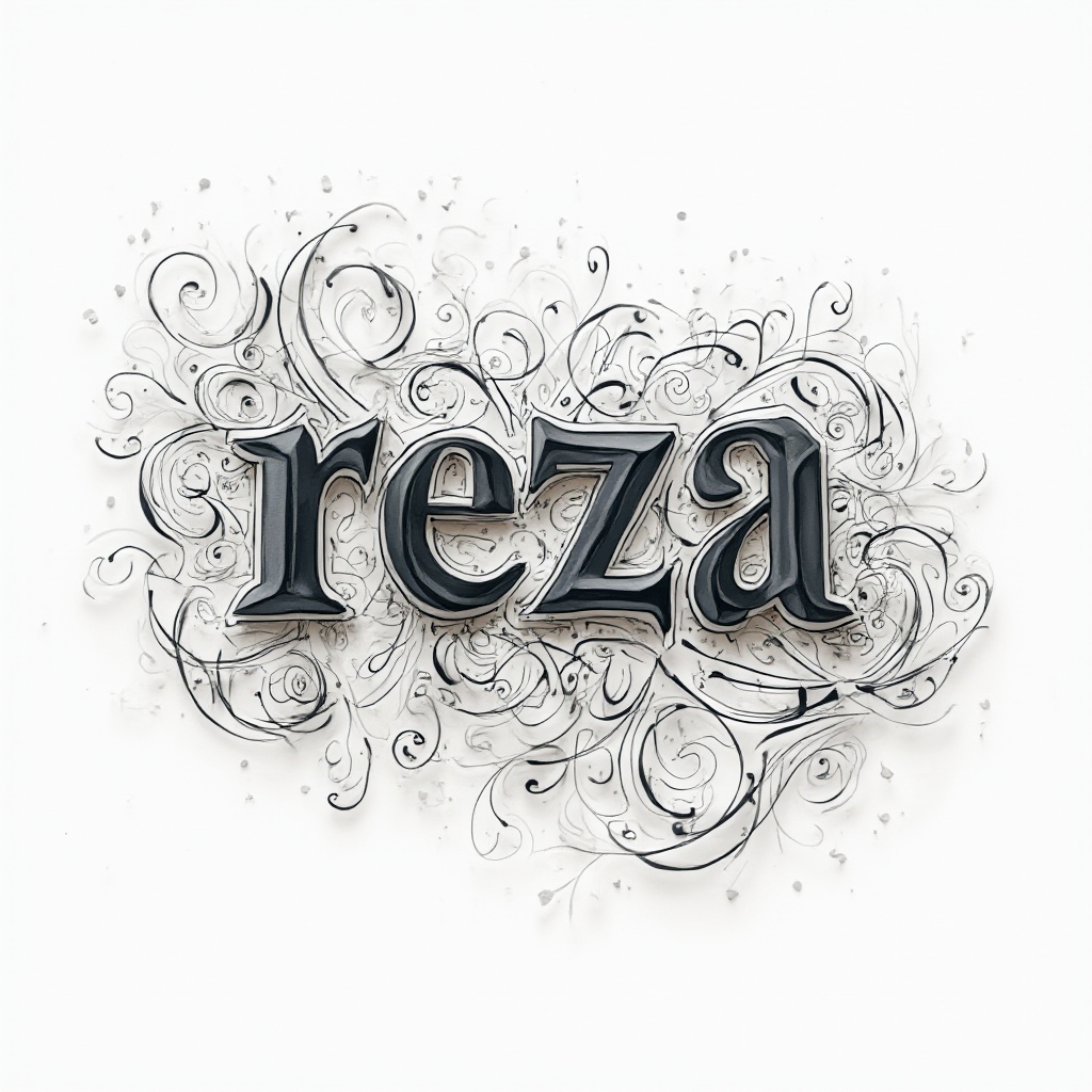Abstract ornamental tattoo design where the name reza is formed from flowing lines and intricate filigree on a white background.