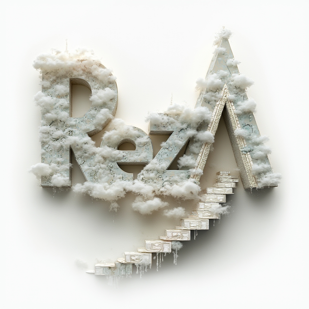 Surreal dreamscape tattoo design where the name reza is formed from floating impossible structures on a white background.