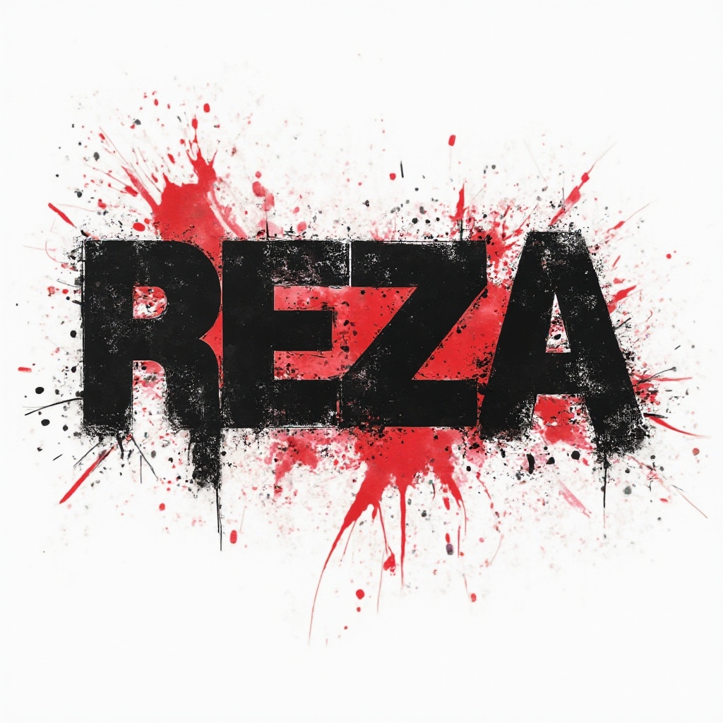 Trash Polka tattoo concept where the name reza is built from distressed black strokes and red splashes on a white background.