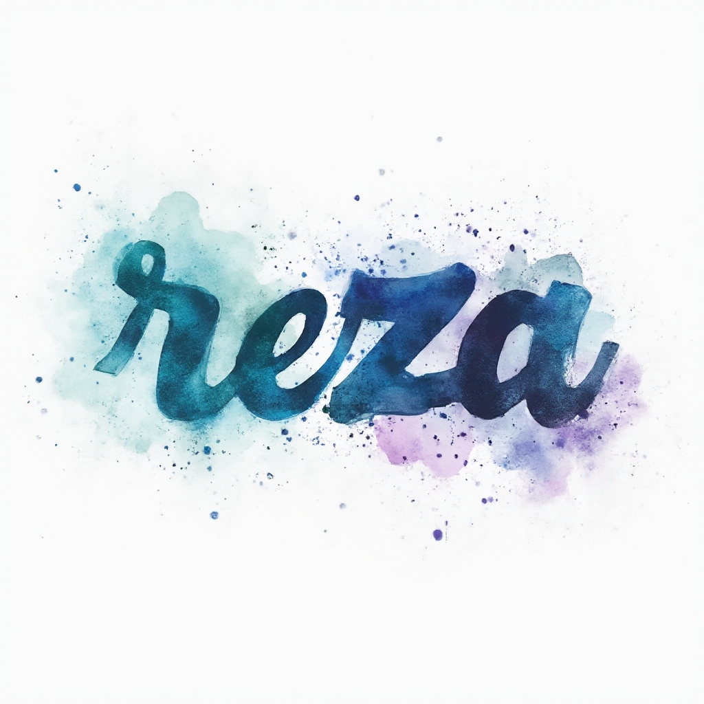 Watercolor tattoo concept where the name reza is painted with colorful ink splashes on a white background.