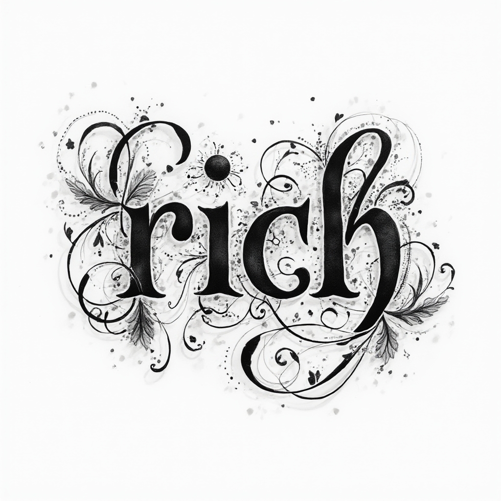 Ornamental tattoo concept featuring the name rich in intricate flowing decorative lettering on a white background