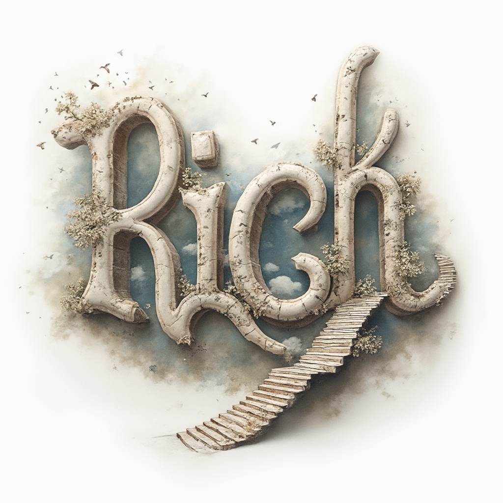 Surrealist tattoo concept with the name rich transformed into impossible architectural letterforms on a white background