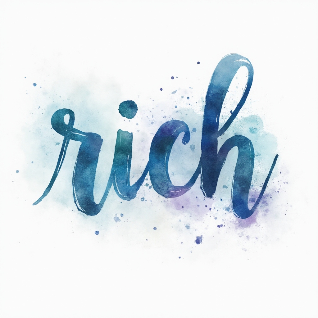 Watercolor tattoo concept featuring the name rich in flowing brushstroke lettering on a white background
