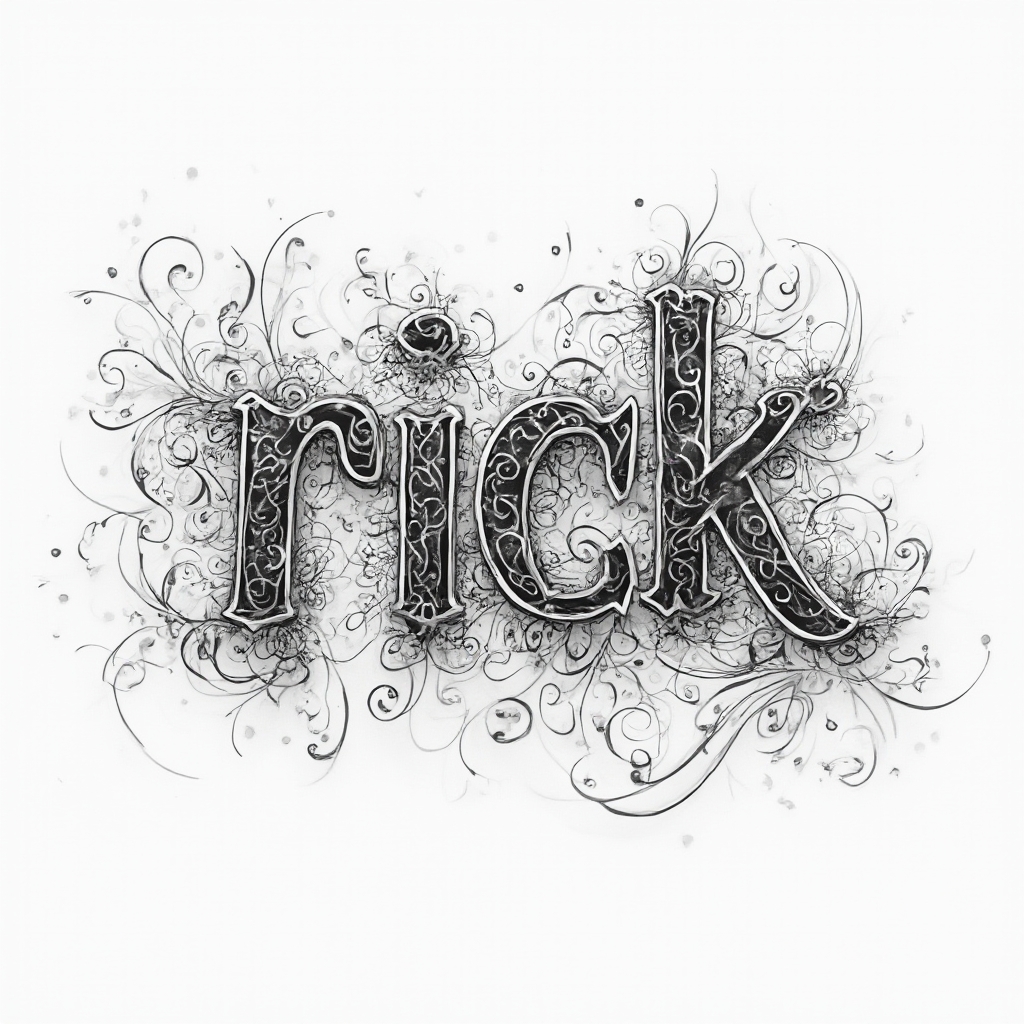 Monochrome ornamental linework forming the name rick as an intricate abstract tattoo concept on white background