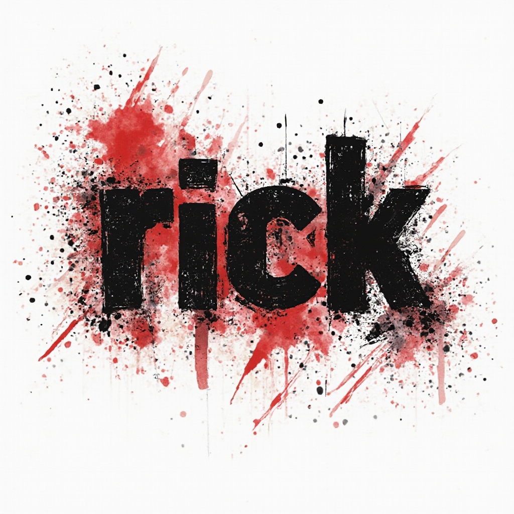 Trash Polka style black and red distressed lettering forming the name rick on white background