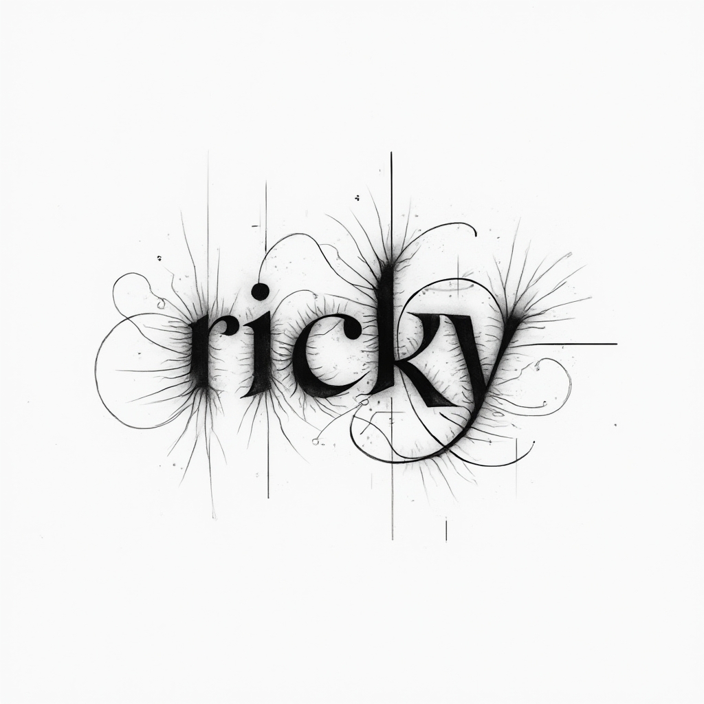 Minimal abstract line-based tattoo design of the name ricky in continuous black strokes on a white background.