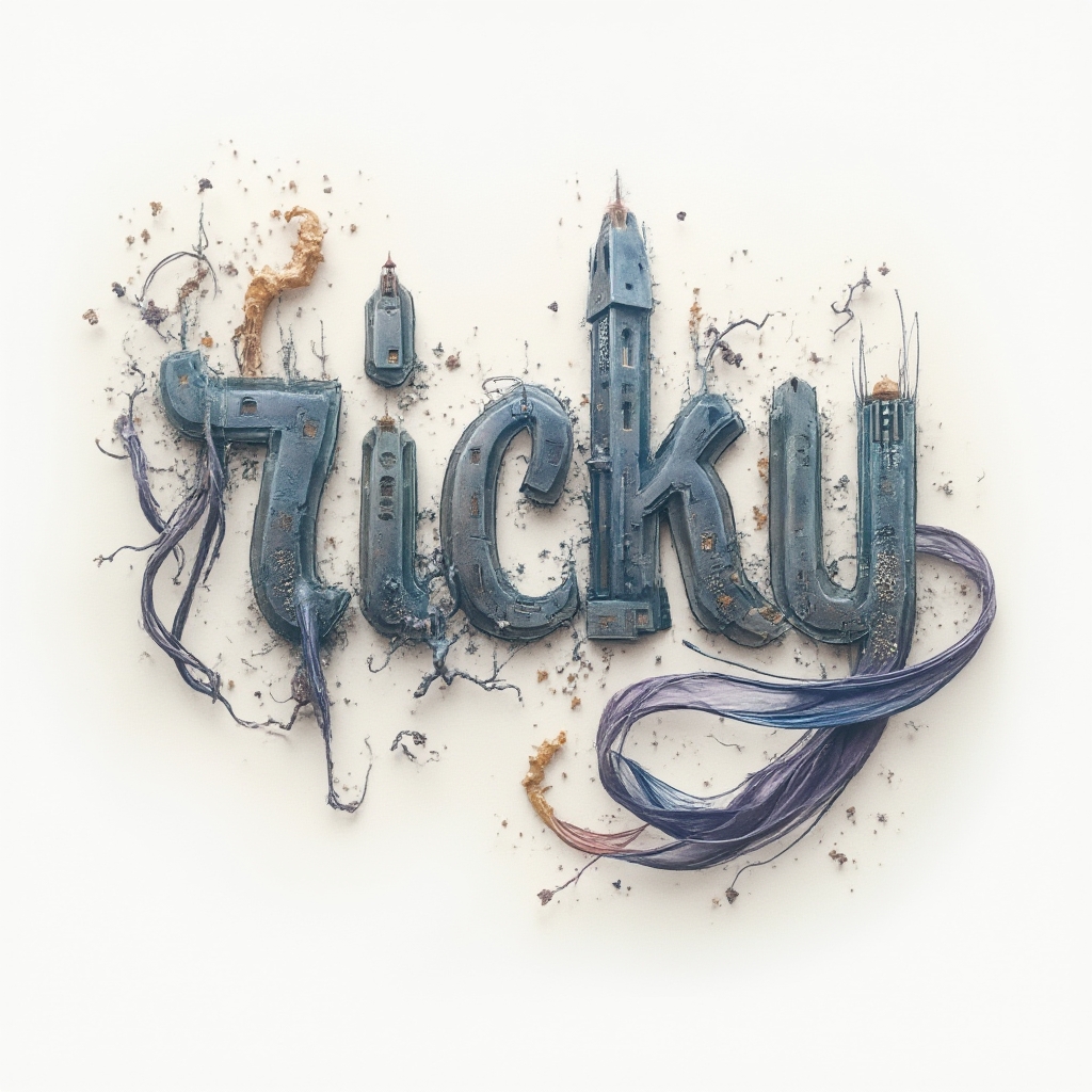 Surreal dreamscape tattoo design of the name ricky formed by warped architectural letters on a white background.