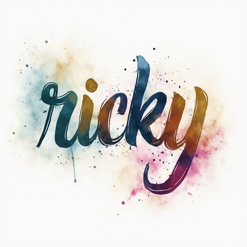 Watercolor splash tattoo concept of the name ricky in flowing colorful script on a white background.