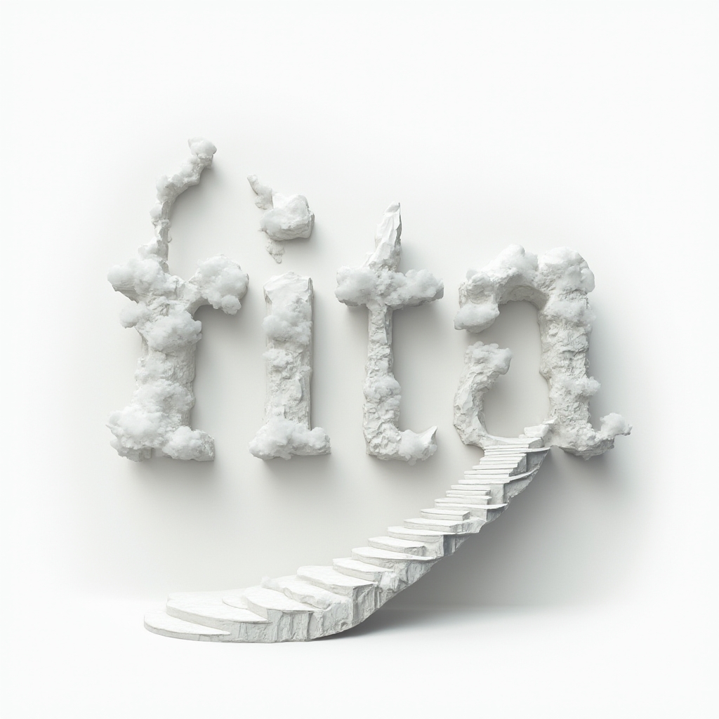 Surrealist dreamscape tattoo design where the name rita is formed from floating impossible structures on a white background