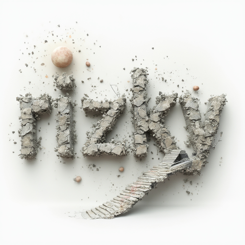 Surreal surrealist architectural lettering of the name rizky floating on white background