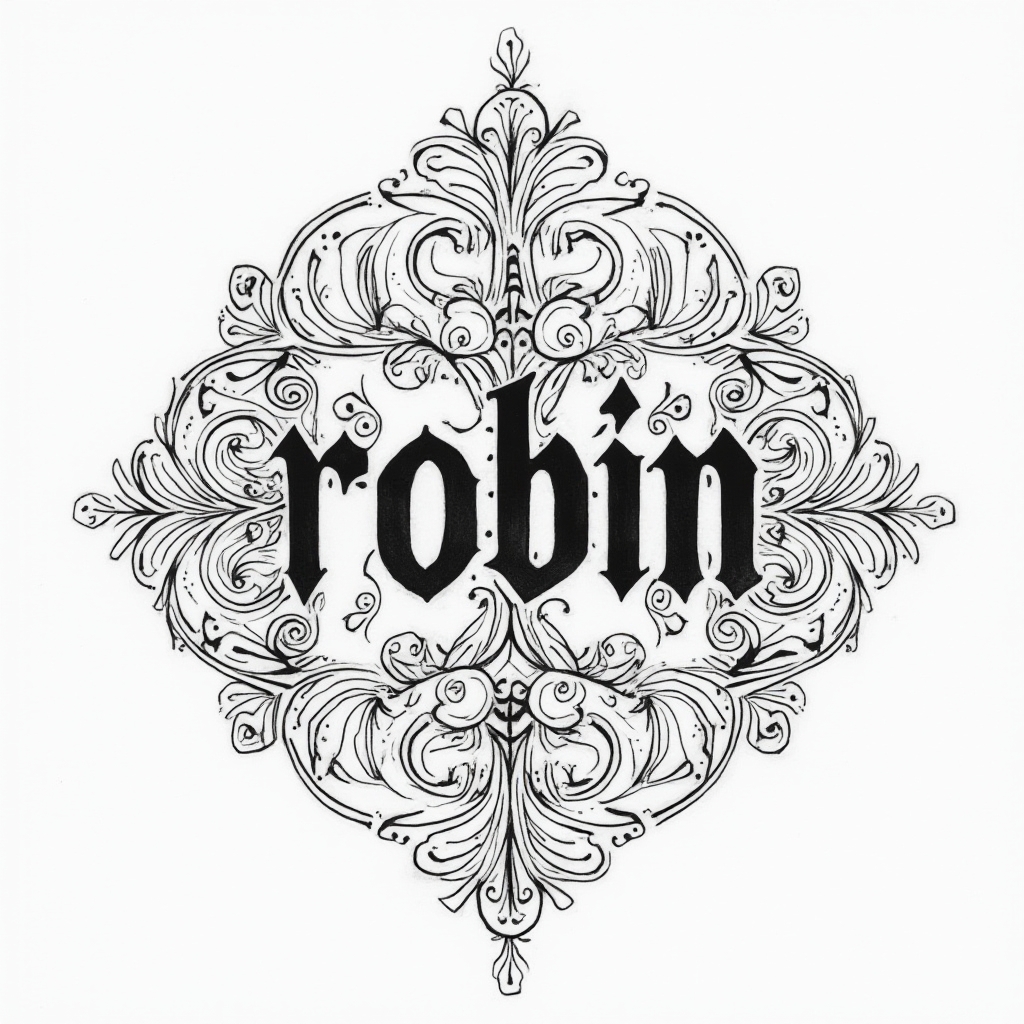 Ornamental tattoo design concept of the name robin integrated into flowing decorative patterns on a white background