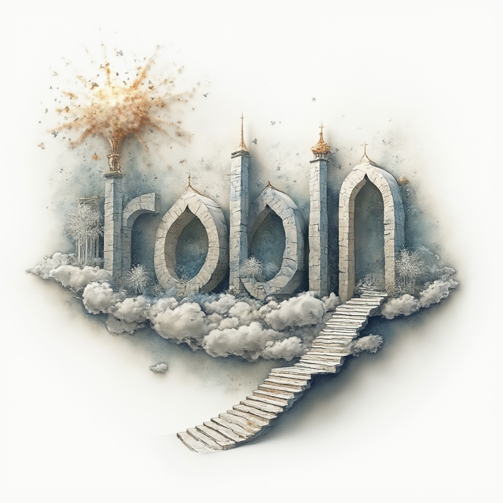 Surreal tattoo concept of the name robin formed from dreamlike architectural shapes on a white background