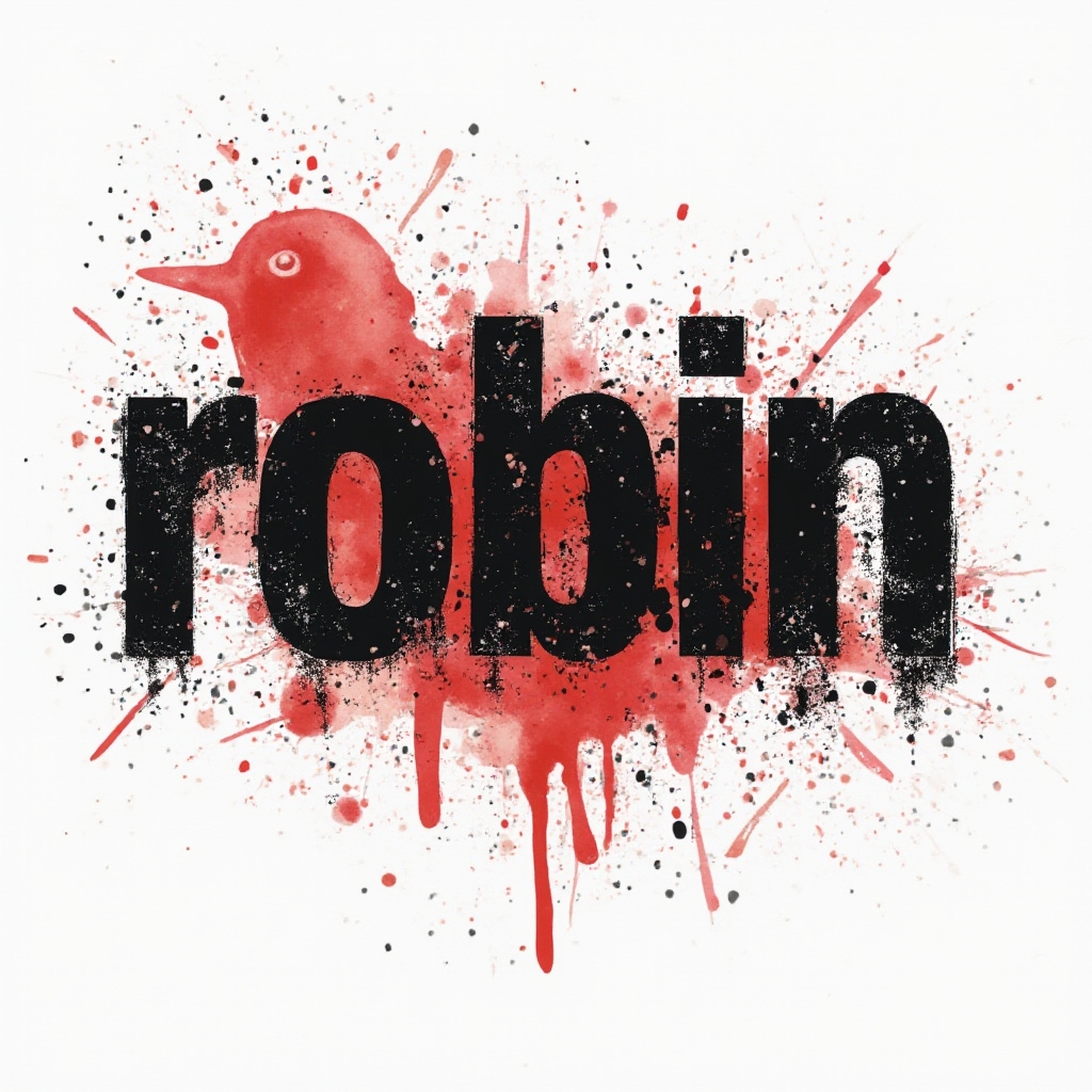 Trash Polka-style tattoo concept of the name robin with bold black and red distressed elements on a white background