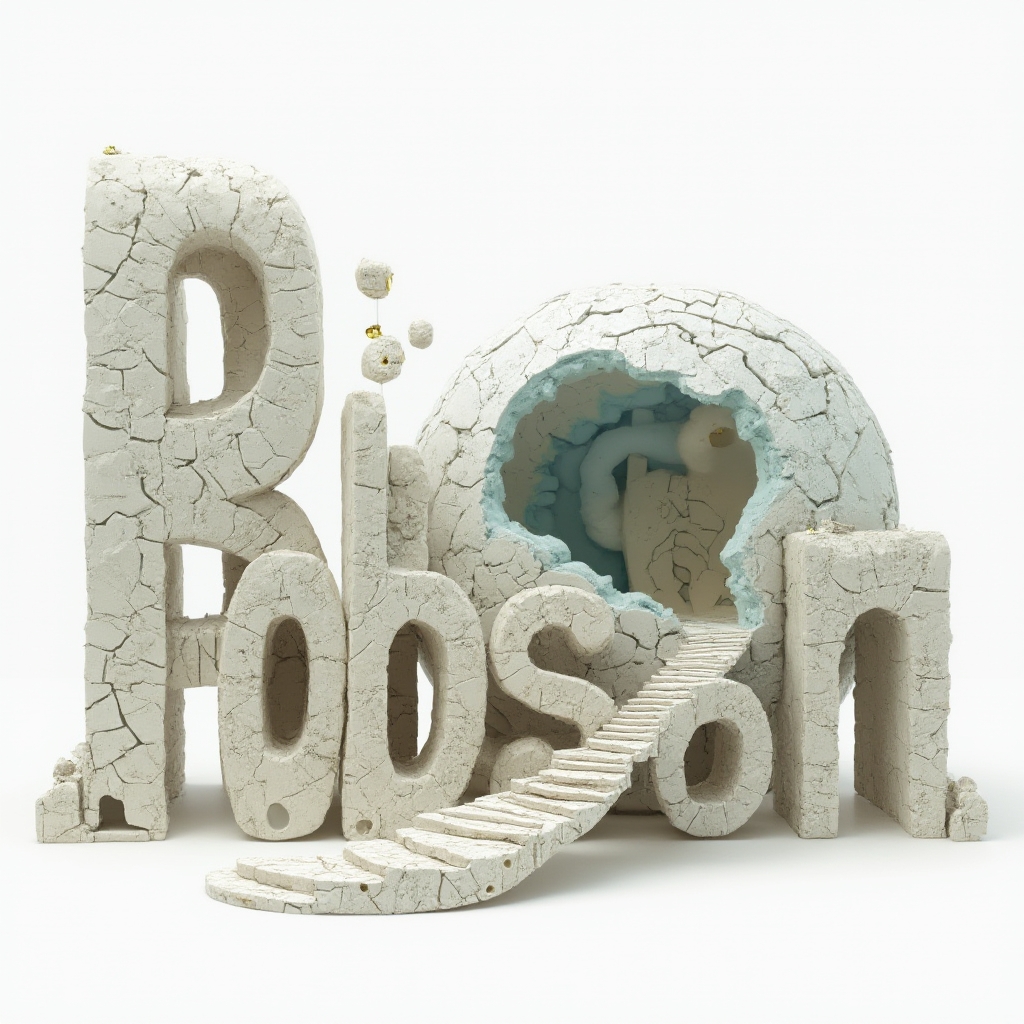 Surreal tattoo concept where the name robson is formed by floating, impossible architectural letterforms on a white background.