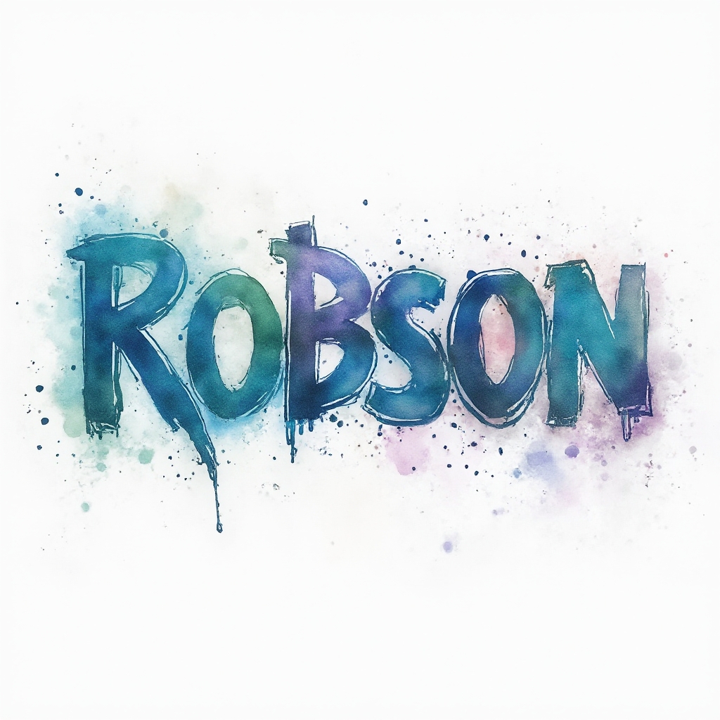 Watercolor brushstroke tattoo concept with the name robson formed by colorful flowing letters on a white background.