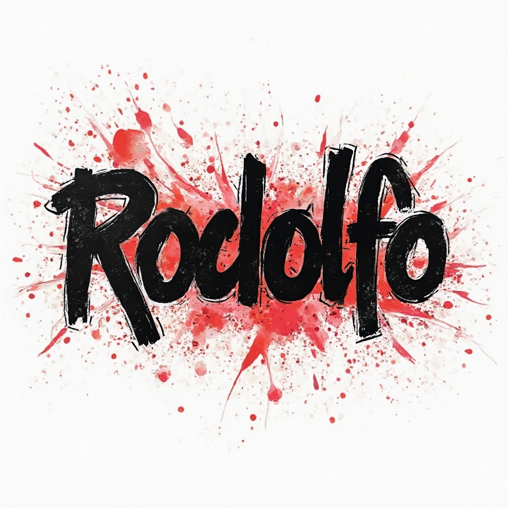 Trash Polka tattoo concept with the name rodolfo in bold brush script, red splashes, and grunge textures on white