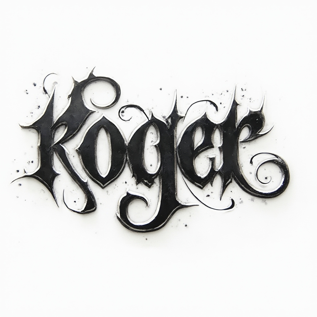 Sculpted black-letter tattoo concept where the name roger is formed by bold, flowing strokes on a white background.