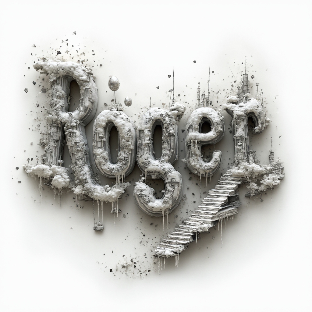 Surreal tattoo concept where the name roger appears as a dreamlike 3D structure on a white background.