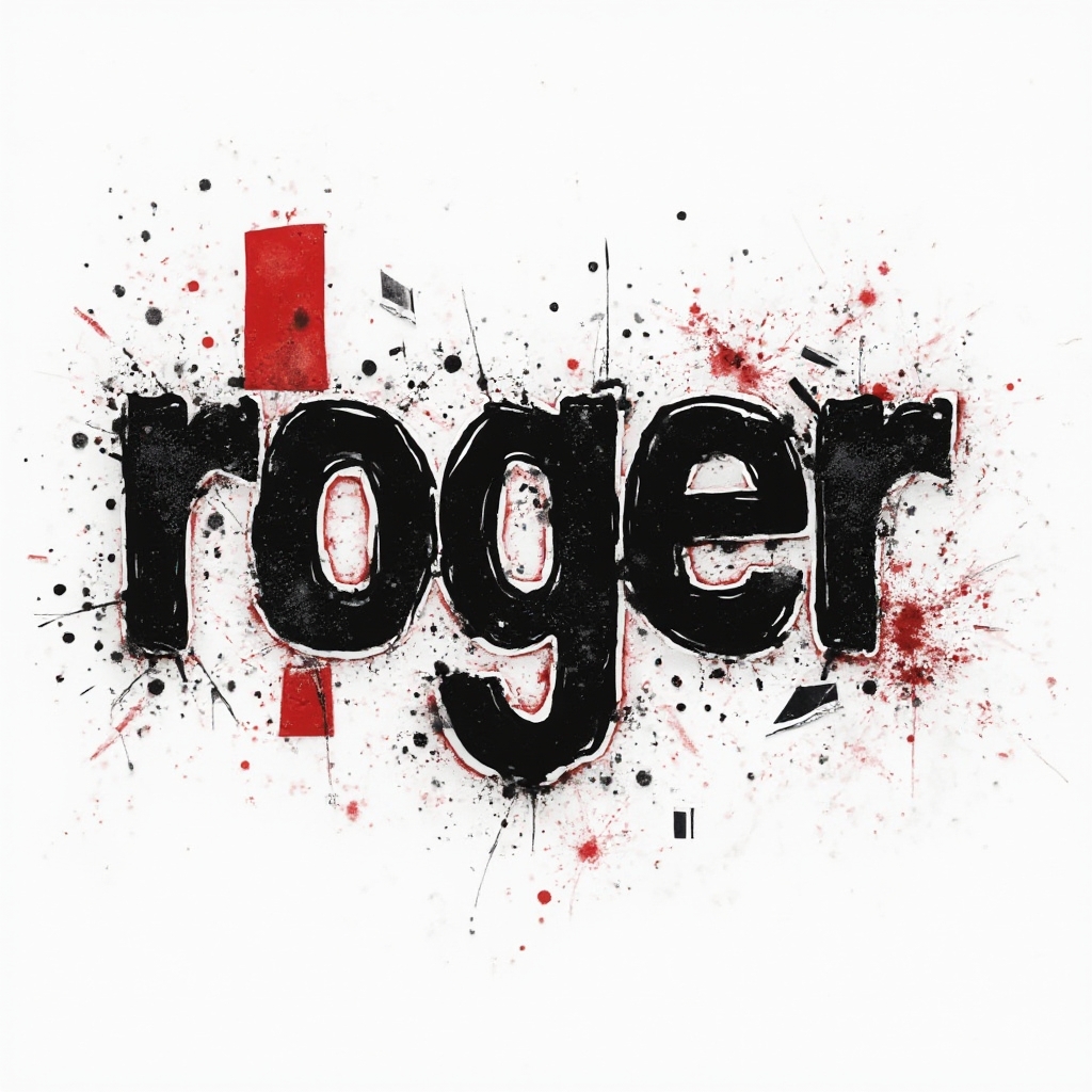 Trash Polka tattoo design with the name roger built from bold black strokes and red splashes on white.