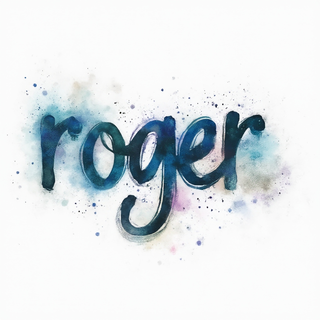 Watercolor tattoo concept with the name roger shaped by fluid ink splashes on a white background.