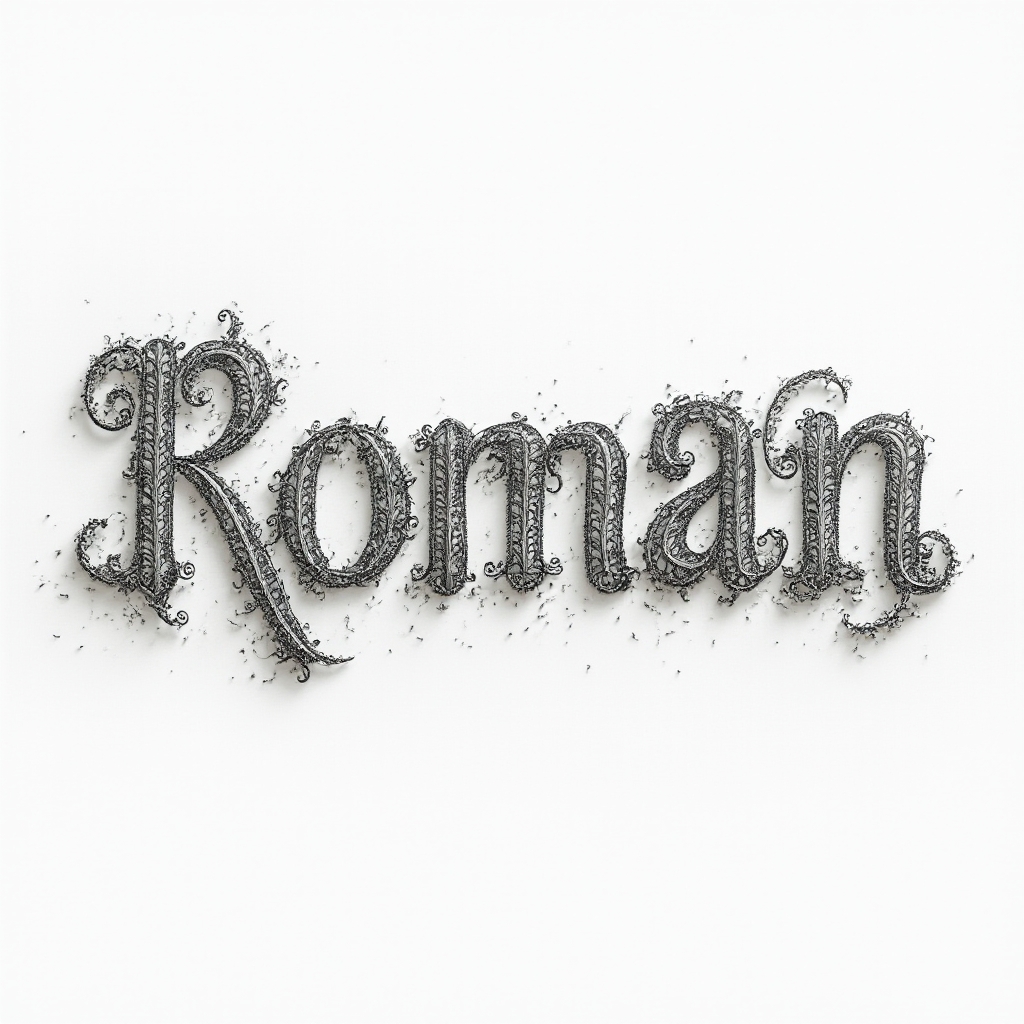 Ornamental linear tattoo concept where the name roman is formed from intricate interlocking filigree-style linework on a white background.