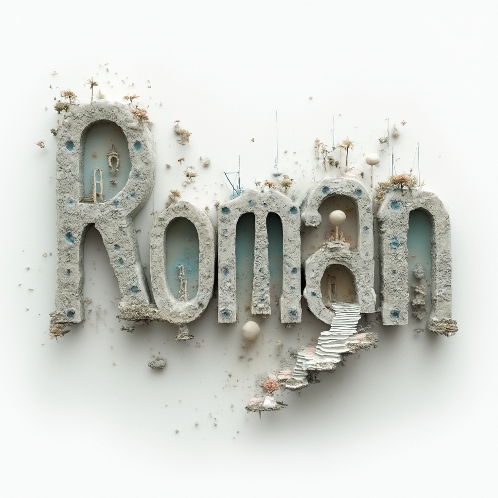 Surreal tattoo concept where the name roman is built from impossible architectural letterforms floating on a white background.
