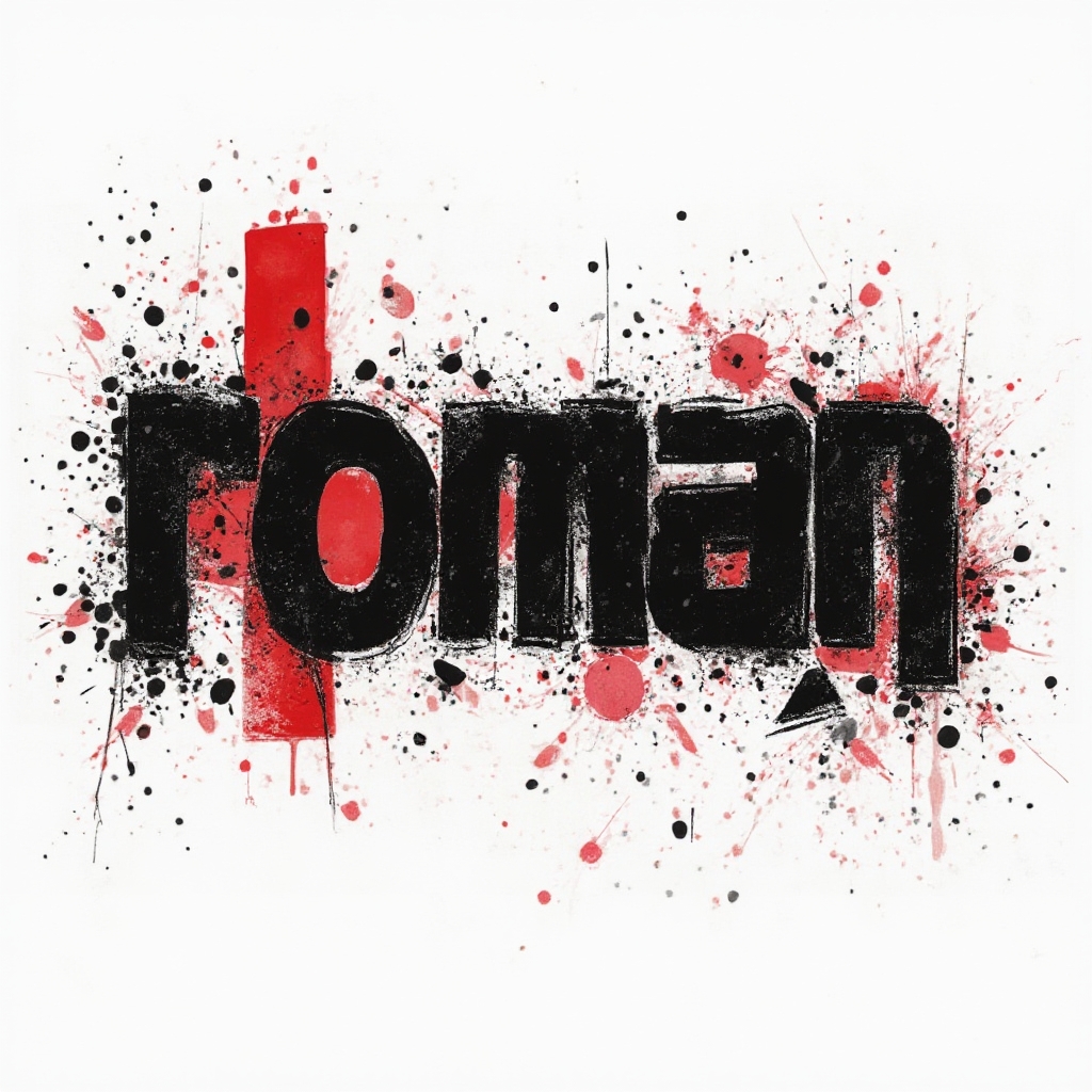 Trash Polka tattoo concept where the name roman appears in distressed black lettering with red blocks and splashes on a white background.