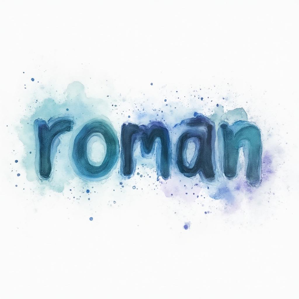 Watercolor-style tattoo concept where the name roman is formed by fluid brushstroke letters with blue and violet gradients on a white background.