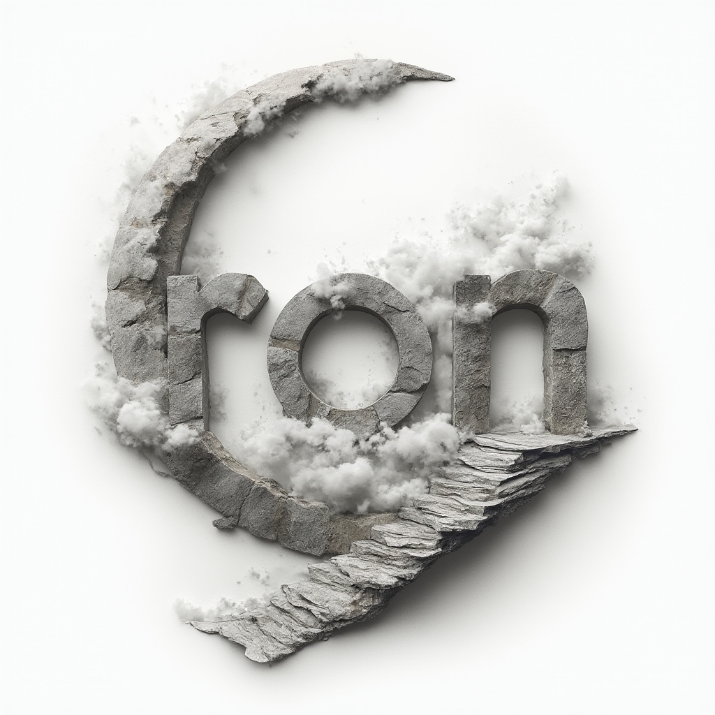 surreal tattoo design with the name ron formed from dreamlike floating architectural and natural elements on white