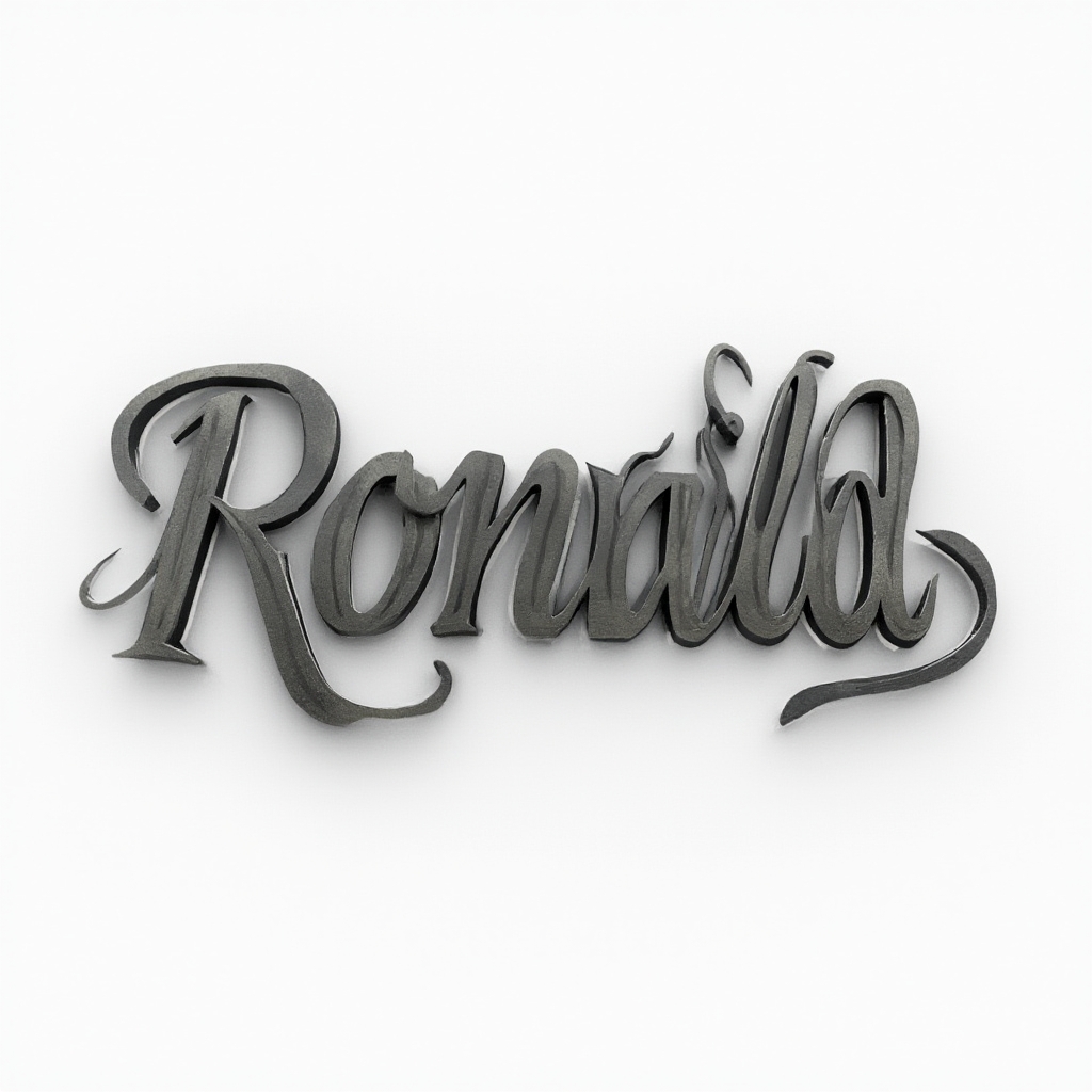 Dimensional emblem-style tattoo concept with the name ronald formed as sculpted interlocking lettering on a white background