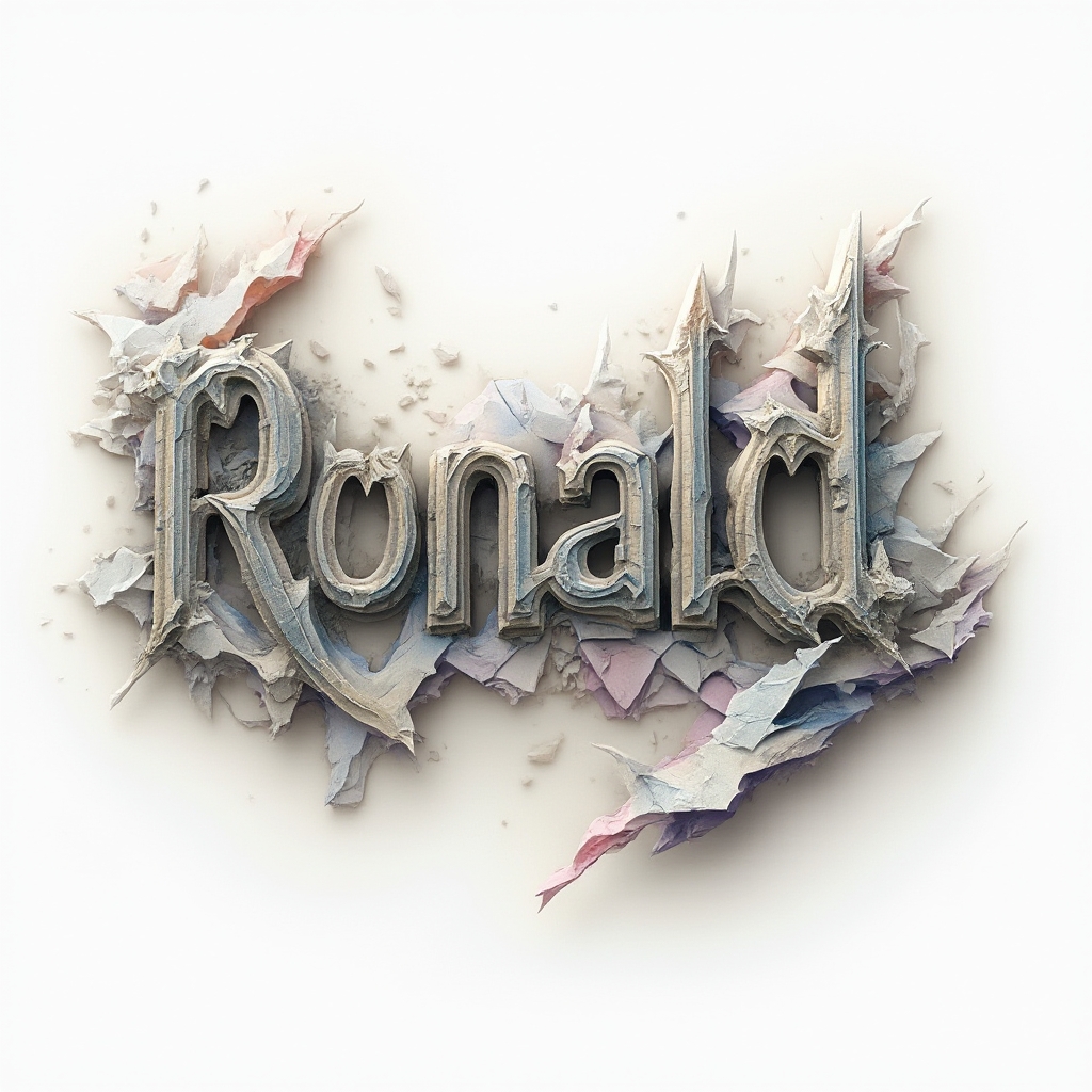 Surreal tattoo concept with the name ronald built from impossible 3D shapes and melting structures on a white background