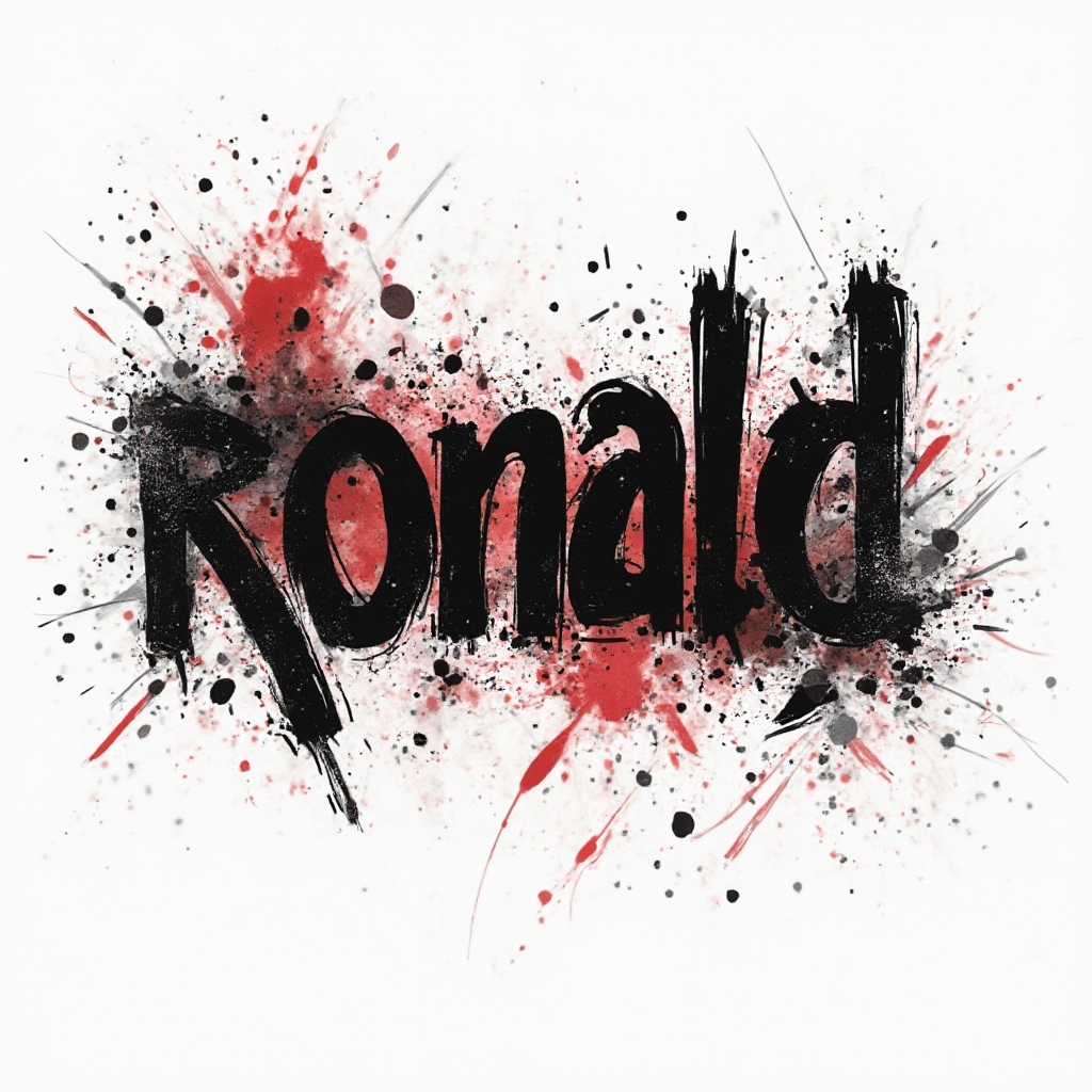 Trash Polka tattoo concept with the name ronald formed by bold black and red abstract lettering on a white background