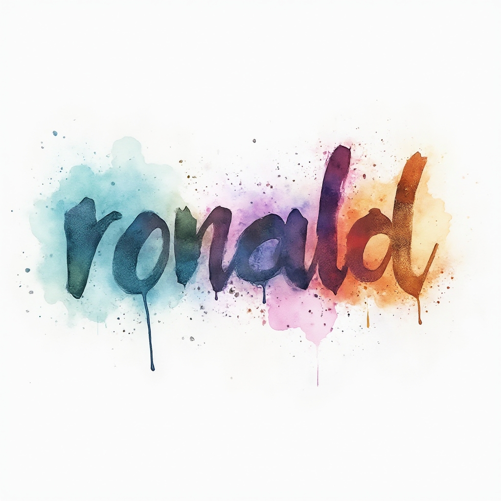 Watercolor splash tattoo concept with the name ronald formed by colorful flowing brush lettering on a white background