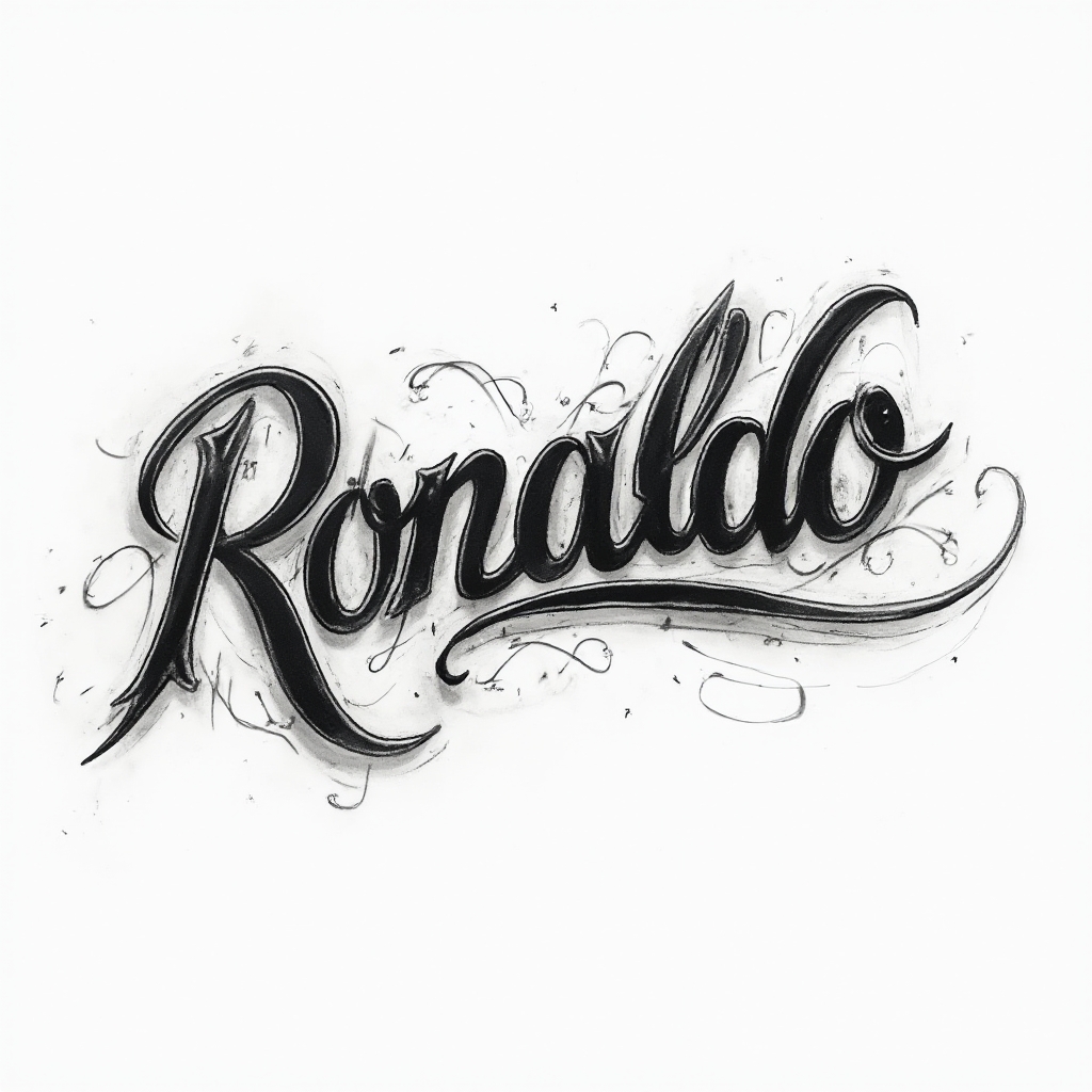 Dynamic monochrome tattoo design where the name ronaldo flows in sharp, stylized letters on a white background.