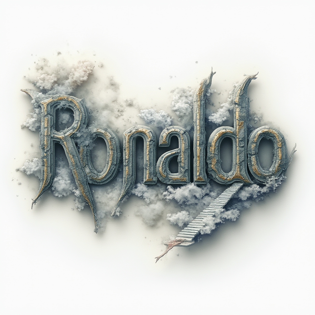 Surreal tattoo design where the name ronaldo is distorted into a dreamlike structure on a white background.