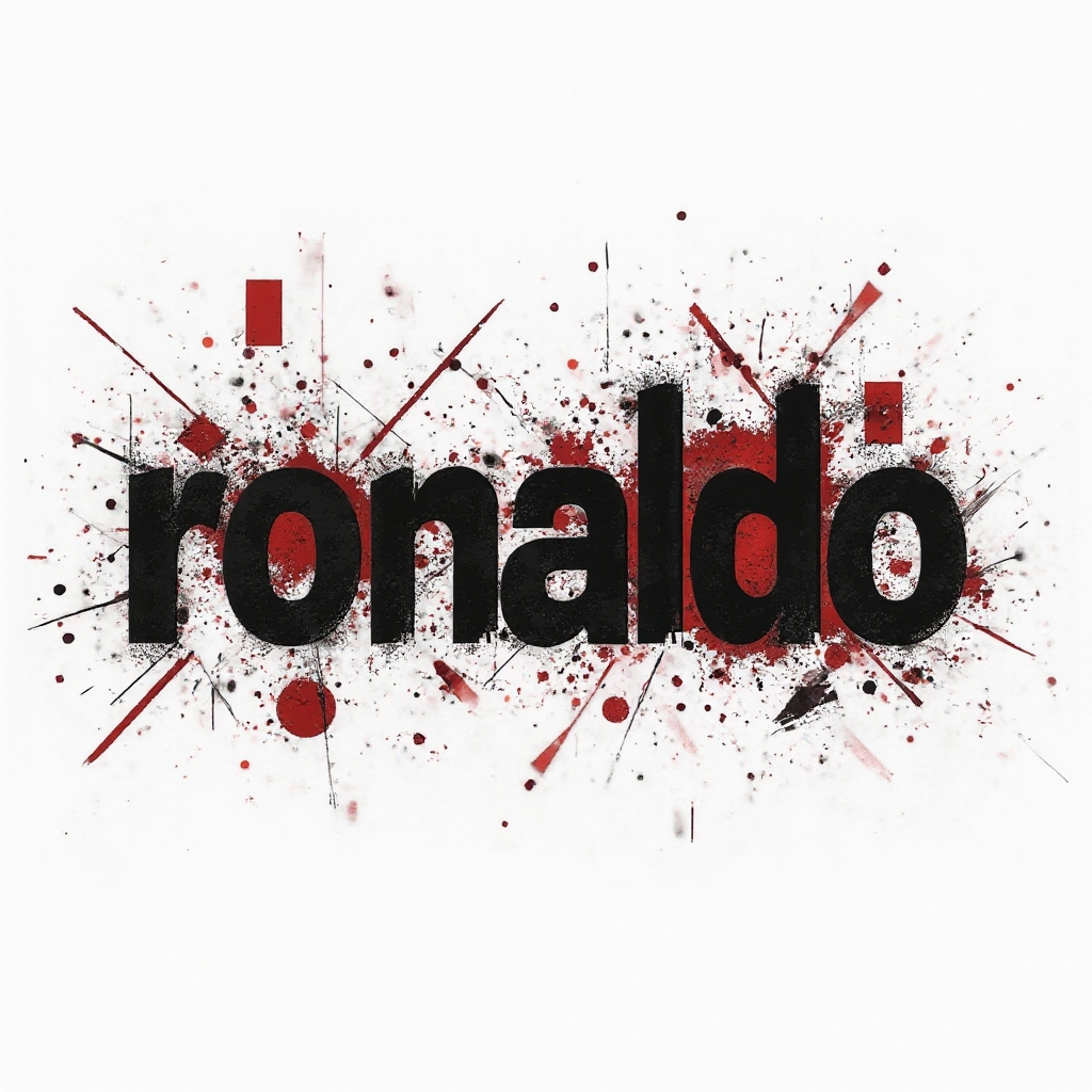 Trash Polka-style tattoo design featuring the fragmented name ronaldo with bold black and red elements on a white background.