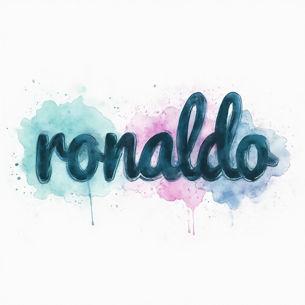 Watercolor tattoo design where the name ronaldo is painted with fluid brushstroke letters and colorful ink splashes on a white background.