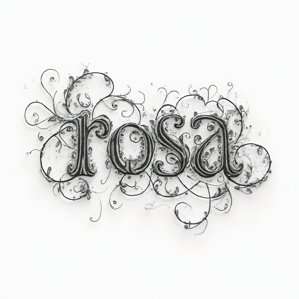 Intricate ornamental lettering forming the name rosa with flowing flourishes on a white background