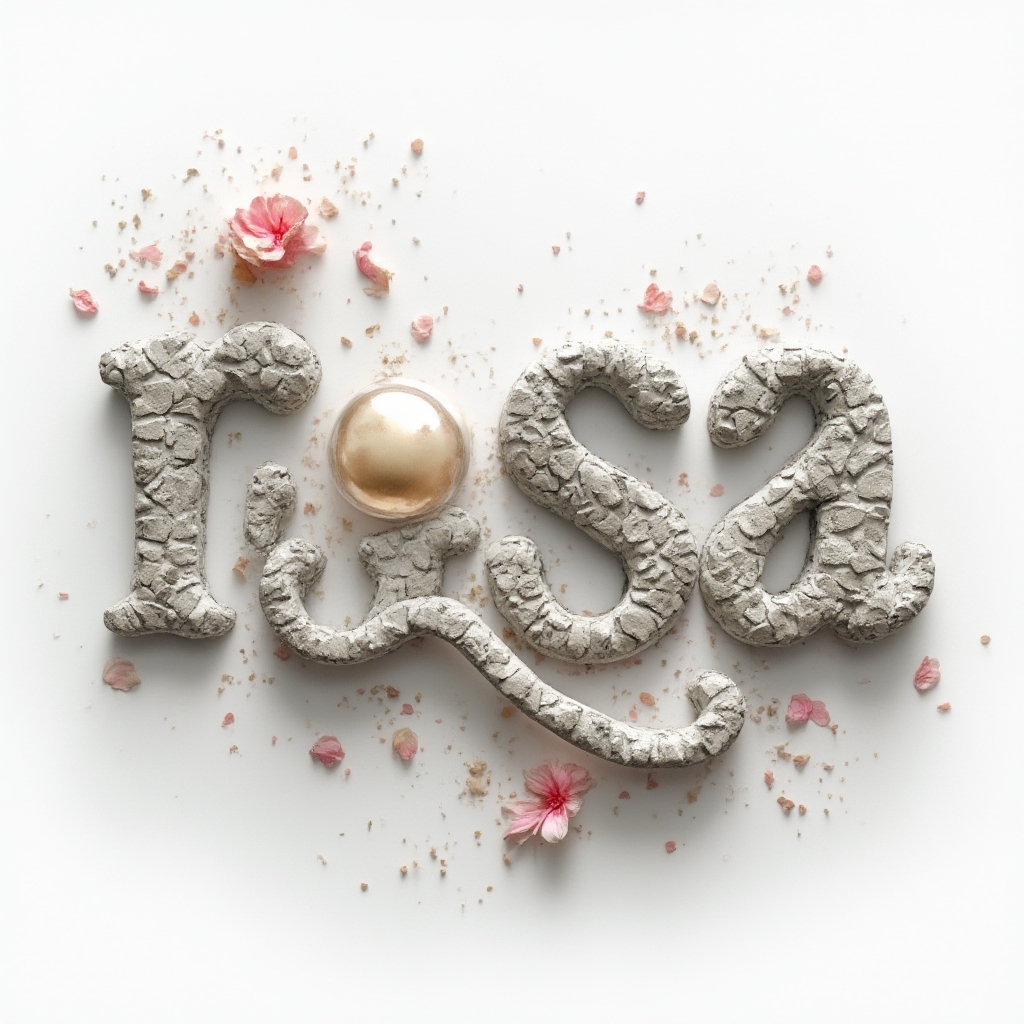Surreal dreamlike 3D lettering forming the name rosa with floating and melting structures on a white background