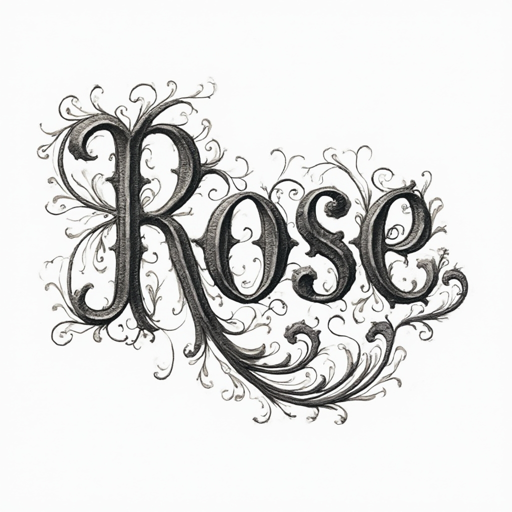 Ornamental tattoo concept where the name rose is formed from intricate flowing filigree-like lines on a white background.
