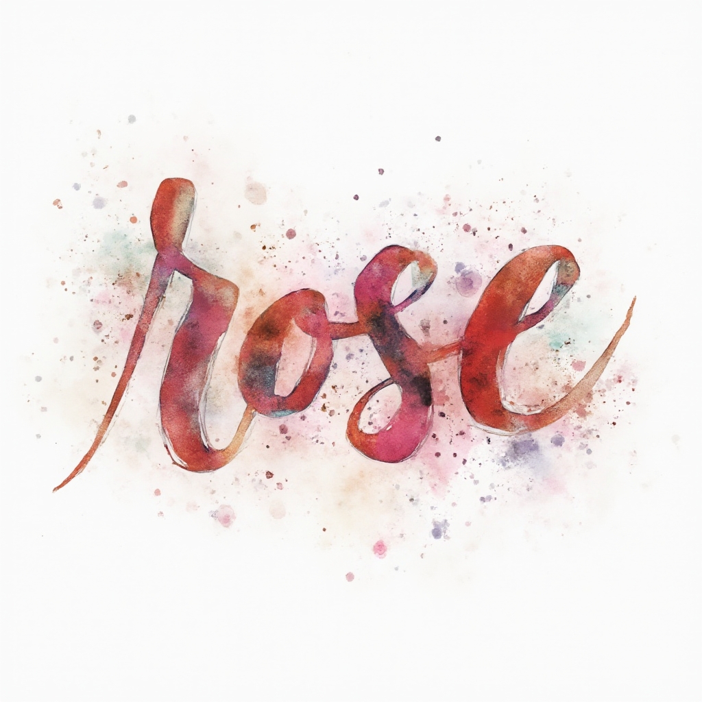 Watercolor-style tattoo concept where the name rose is painted with flowing ink strokes and color splashes on a white background.