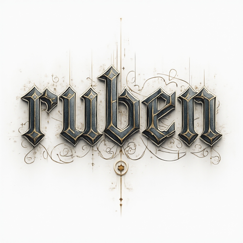 Abstract structural tattoo concept with the name ruben built from 3D geometric panels and metallic accents on a white background
