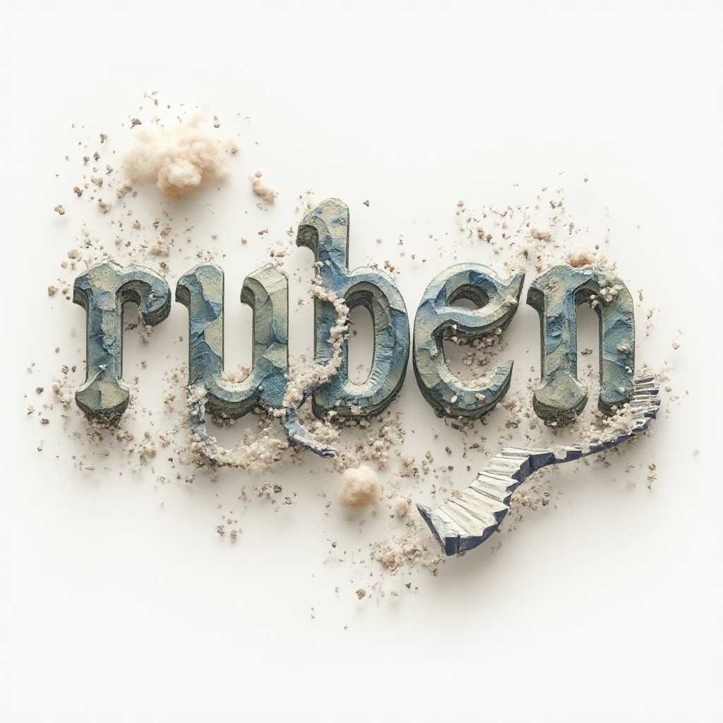 Surreal dreamscape tattoo design where the name ruben appears as impossible architectural and floating forms on a white background