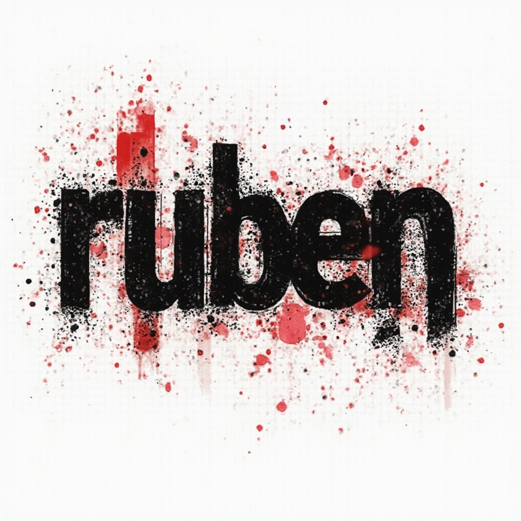 Trash Polka tattoo design of the name ruben with bold black brush lettering, red splashes, and graphic textures on white