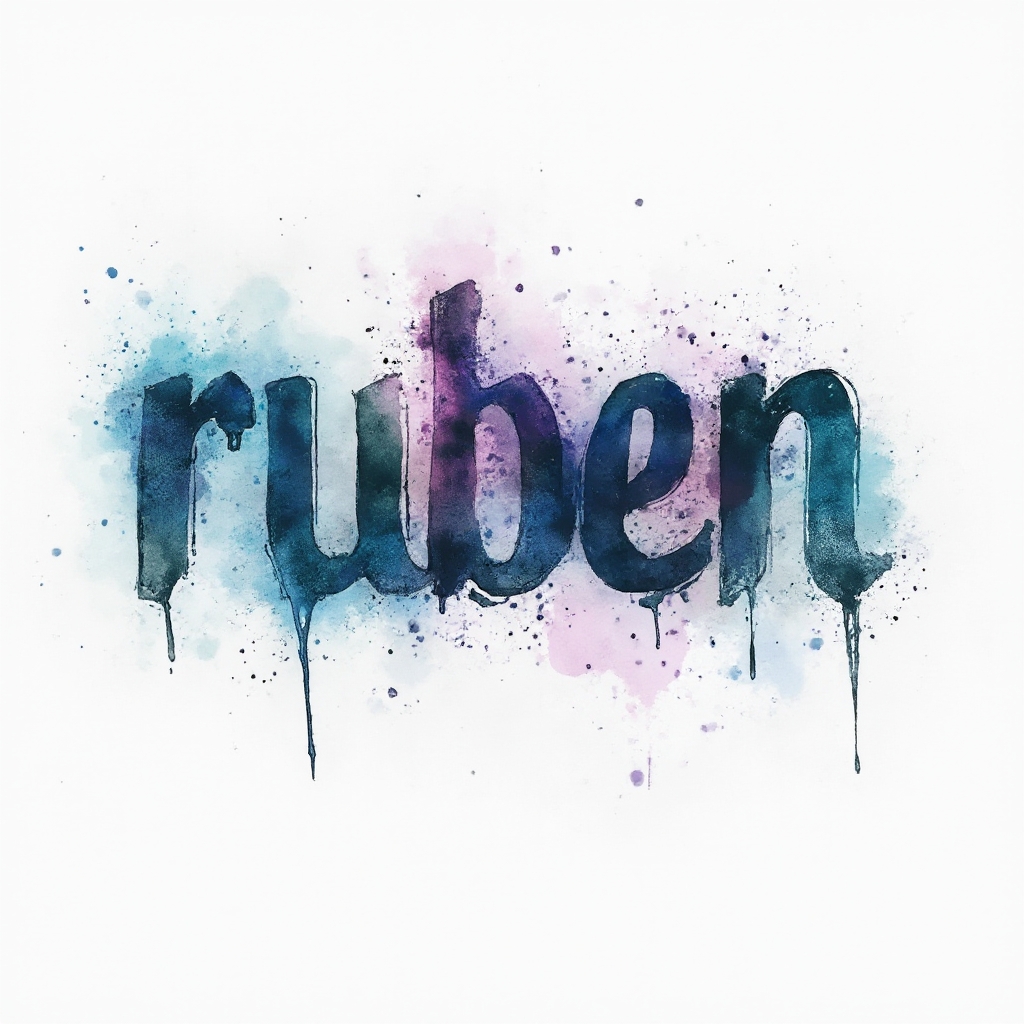 Watercolor splash tattoo concept with the name ruben formed by flowing colorful brushstrokes on a white background