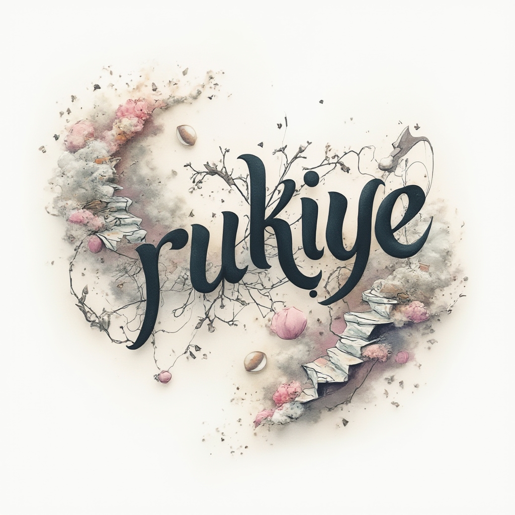 Surreal tattoo design of the name rukiye formed by twisting ribbon-like letters and dreamlike elements on a white background.