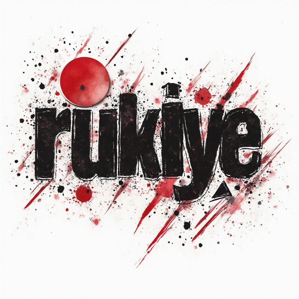 Trash Polka tattoo concept of the name rukiye with fragmented black and red lettering, splashes, and geometric shapes on white.