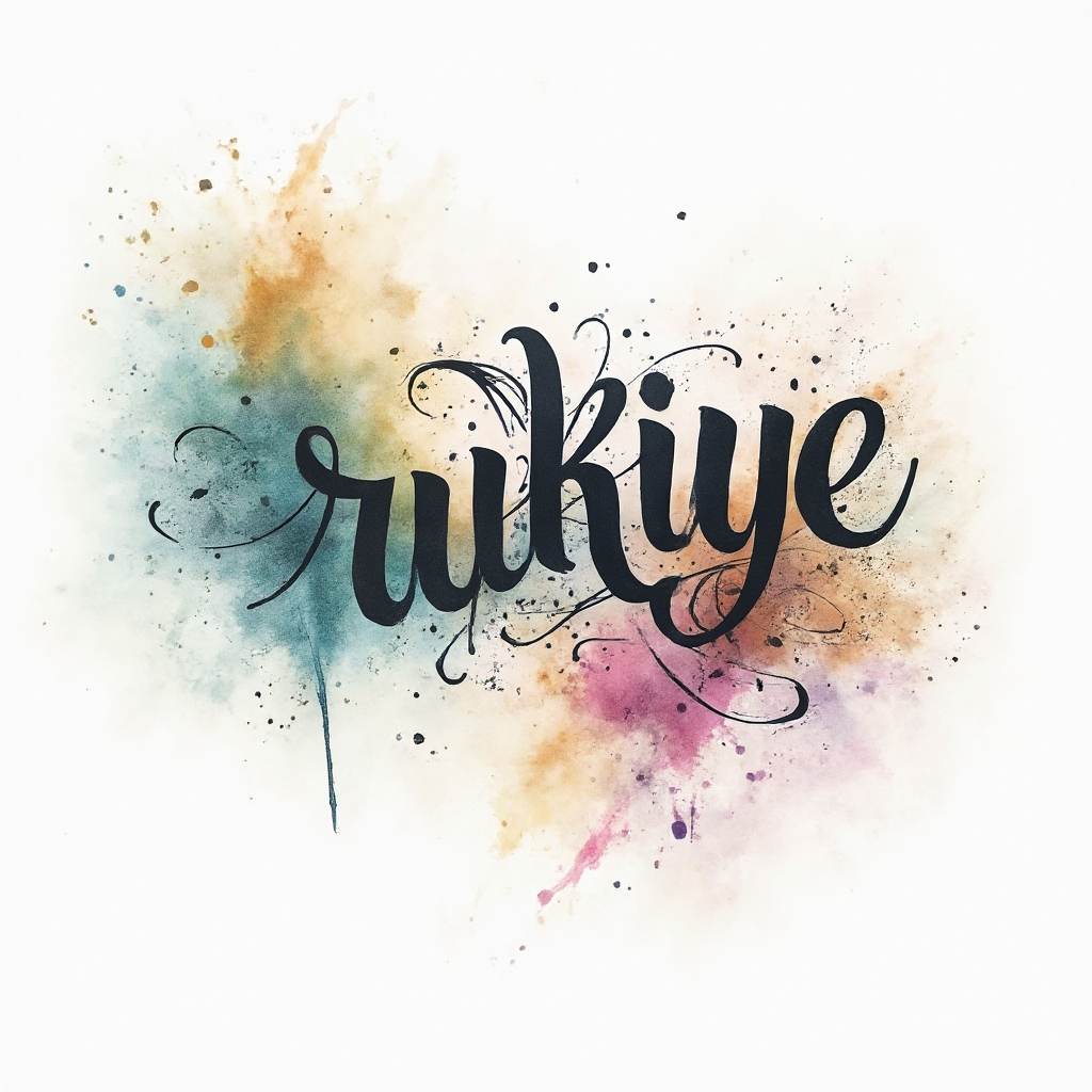 Watercolor tattoo concept of the name rukiye in flowing calligraphic lettering with colorful ink splashes on a white background.