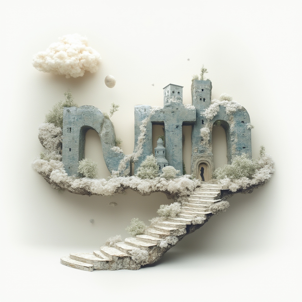 Surreal tattoo concept where the name ruth is formed by floating, melting architectural letter forms in a dreamlike composition on a white background.